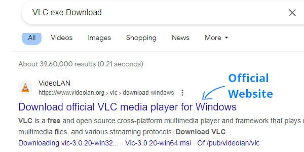 VLC search results - install apps on laptop